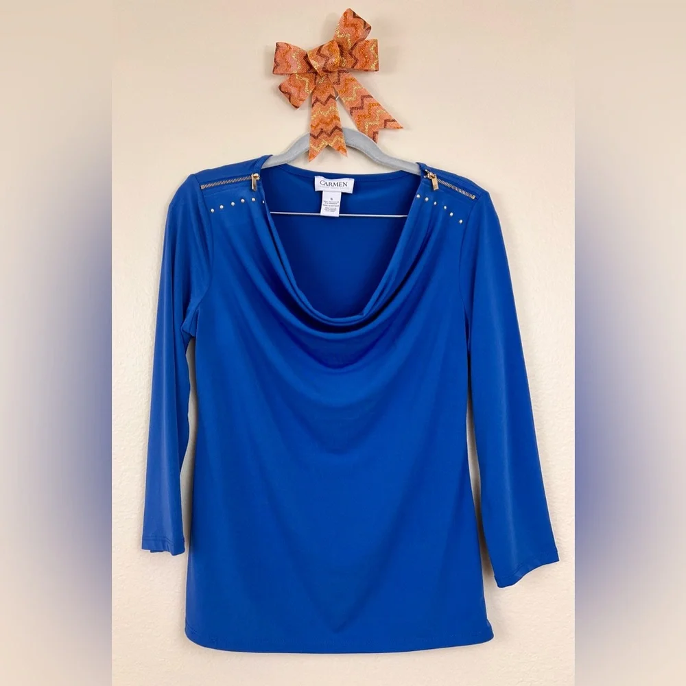Carmen Marc Valvo Royal Blue Cowl Neck Top Gold Zipper Stud Shoulder Small - Picture 2 of 6